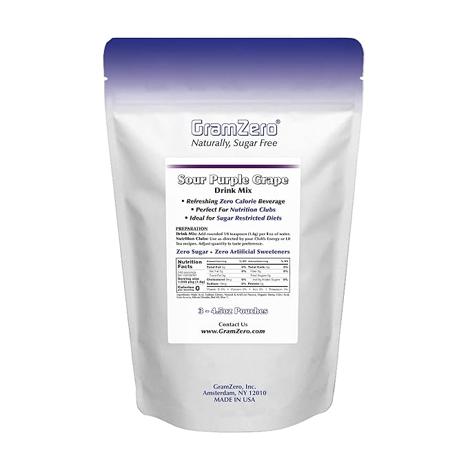 GramZero Sour Purple Grape Zero Calorie Sugar Free Drink Mix, Great For Nutrition Club Loaded Tea, Stevia Sweetened