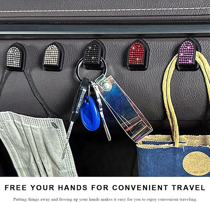 4 PCS Bling Car Mini Hooks, Cute Rhinestone Adhesive Back Seat Auto Hangers, Multifunctional Crystal Hanging Storage Hook for Vehicle Dashboard Wall Hat Coat Towel Key (Black)