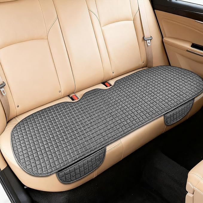 Car Back Seat Cover, Long Bottom Vehicle Rear Seat Protector with Storage Pockets, Breathable Linen Automotive Backseat Bench Cushion Pad Accessories, Universal for SUV Trucks (Gray)