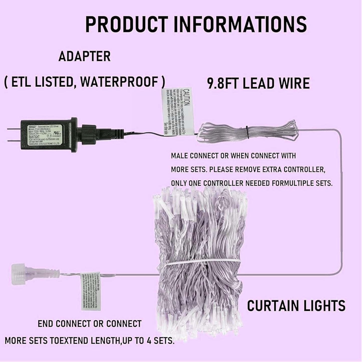Dazzle Bright 300 LED Christmas Curtain String Lights, 8 Modes, Waterproof, Purple, Model CL-300CC