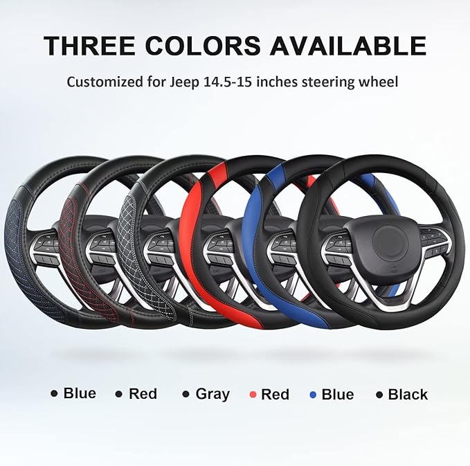 West Llama Customized Auto Car Steering Wheel Cover for Jeep Grand Cherokee,Wrangler,Compass,Gladiator,Cherokee 14.5-15 inches (Diamond Quilted-Black+Blue-Standard Size)