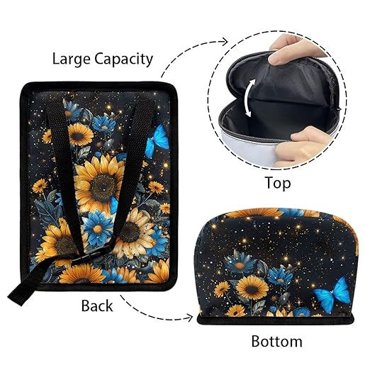 Blue Butterfly Sunflower Print Car Trash Can - Foldable, Automotive Garbage Bin with Leak Proof Hanging Bag