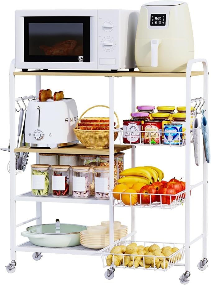 HapiRm Rolling Kitchen Microwave Cart - 4 Tier Microwave Table Stand with Pull-Out Baskets, Coffee Bar Baker's Rack with Wheels Rolling Storage Cart Organizer Shelf for Living Room Office, Balcony