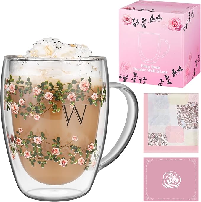 Initial Glass Cup for Women, 12oz Rose Double Walled Glass Coffee Mugs, Personalized Gifts for Women, Initial Coffee Tea Mug with Scarf, Birthday Wedding Gifts for Her Mom Teacher (ROSE-W)