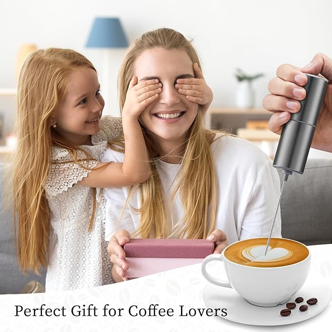 Battery Operated Coffee Frother by ELMWAY, Stainless Steel Electric Whisk, Mini Milk Frother Handled for Coffee, Latte, Matcha and Protein Powder (Gunmetal without Stand)