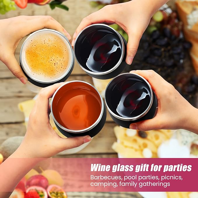 16 Pack Stainless Steel Wine Tumblers 12 oz Insulated Vacuum Wine Cup Set Double Wall Stainless Steel Stemless Mug Glasses for Coffee Soda Whiskey Outdoor Travel (Black)