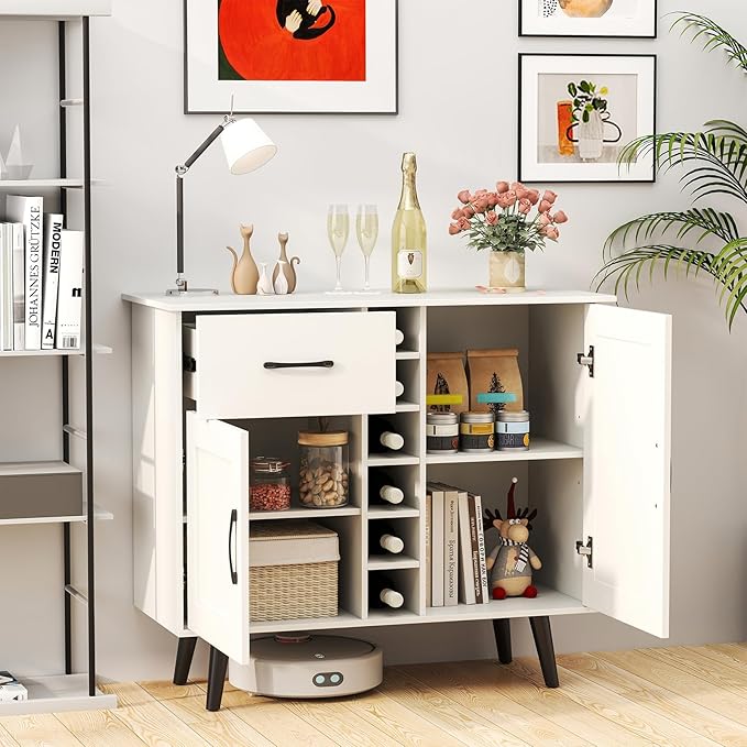 Buffet Cabinet with Storage, Liquor Cabinet w/ 6-Bottle Wine Rack, 1 Drawer & 2 Doors, Wood Buffets & Sideboards, Farmhouse Coffee Bar Table for Kitchen, Dining Living Room, Entryway (White)