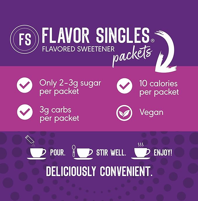 Flavor Singles Vanilla Powdered Sweetener Packets for Coffee & Tea, Travel Ready Single-Serve Syrup Alternative, 30 Count (Pack of 3)
