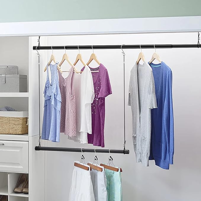 INFLATION Hanging Closet Rod 15-40 Inch Adjustable Width for Stylish Clothes Rack and Hangers, Versatile Black Tension Rod 35 Inch Height Perfect Clothing Organizer for Women, Men, Kids