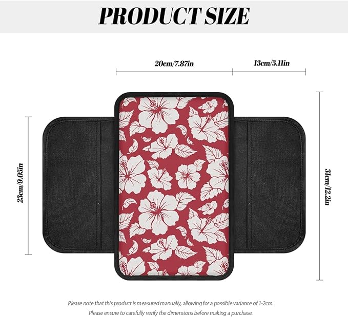 CLOHOMIN Red Hibiscus Car Armrest Cover with Pockets Floral Automotive Armrest Pad Polyester Car Center Console Armrest Cushion Cover Auto Accessories with Storage Pockets
