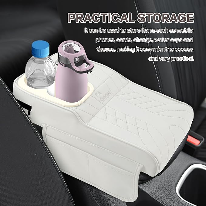 Car Center Console Armrest Pillow, 13.4"×7.5"×2" Leather Auto Arm Rest Cover with Pocket & Tissue Box & Cup Holder, Multifunctional Vehicle Armrest Cushion Pad, Car Accessories (White)