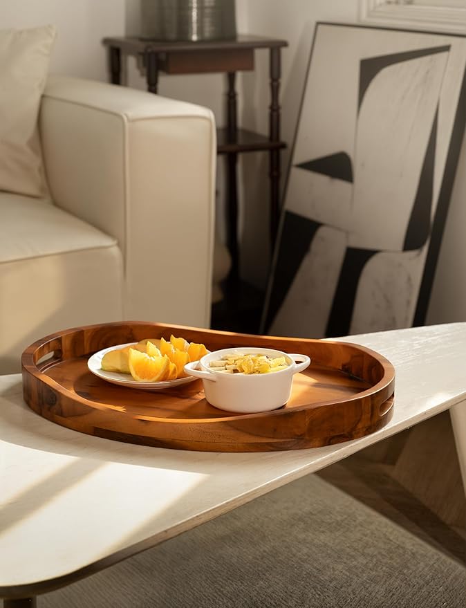 Acacia Wood Ottoman Tray with Handles - 20" x 15" Round - Large Oval Serving Trays for Living Room -Wooden Trays for Decorative for Kitchen Counter, Coffee Table, Breakfast in Bed (Acacia)