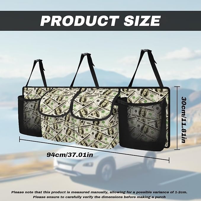 Car Trunk Organizer, US Dollar Bill Large Auto Backseat Hanging Organizer, Thick Backseat Storage Bag with Pockets, Car Trunk Tidy Storage Bag with Lids Decoration