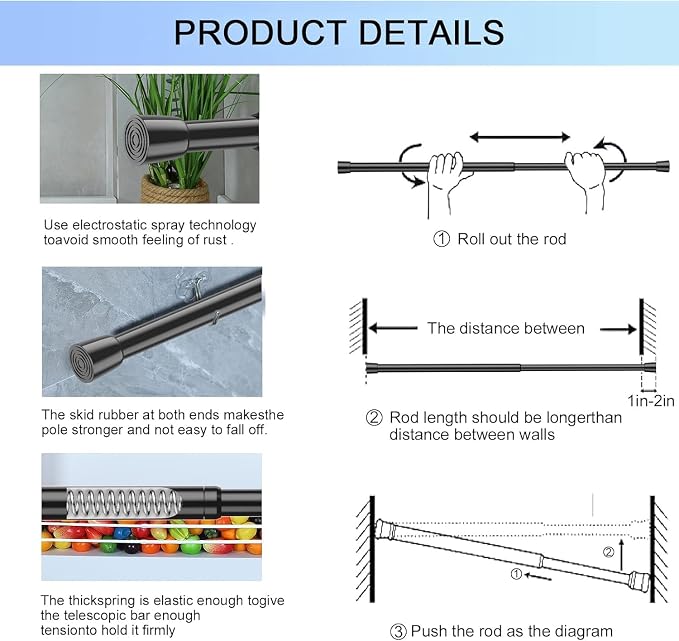 AIZESI Spring Tension Rods Adjustable Tension Curtain Rod Small Tension Rod No Drilling Expandable Spring Loaded Curtain Tension Rod(Black,18" to 28"-4Pcs)