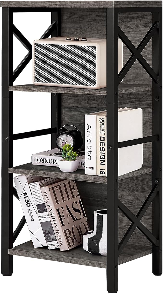 MNEETRUNG Small Bookshelf,4 Tier Industrial Bookcase with Metal Frame and Backboard,Narrow Rustic Gery Book Shelf,Book case for Small Spaces,Living Room,Bedroom and Home Office