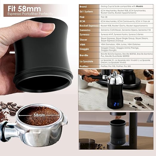 Digital Coffee Scale with Dosing Cup 2-in-1, 0.1g Precision USB-C Rechargeable Espresso Scale, IPX4 Waterproof, Multi-Purpose for 58mm Espresso Machines, Drip, French Press