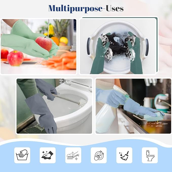 Rubber Kitchen Dishwashing Gloves - 4 Pairs Colorful Reusable Household Cleaning Gloves For Washing Dishes And Cleaning Tasks,Flexible And Durable Waterproof (Small, Dark Green+Blue+Green+Gray)