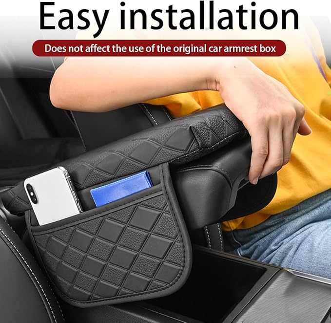 Car Center Console Cover, Leather Vehicle Armrest Pad with 2 Side Storage Bags, Comfortable Auto Interior Middle Console Storage Box Cushion Accessories, Universal for Most Cars (Black-1)