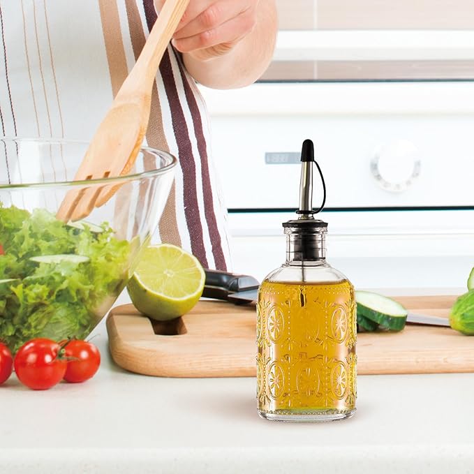 Retro Glass Syrup Dispenser Bottle 7oz, Oil and Vinegar Cruet with Stainless Steel Pour Spout, Labels, Funnel & Stopper(Floral-B)