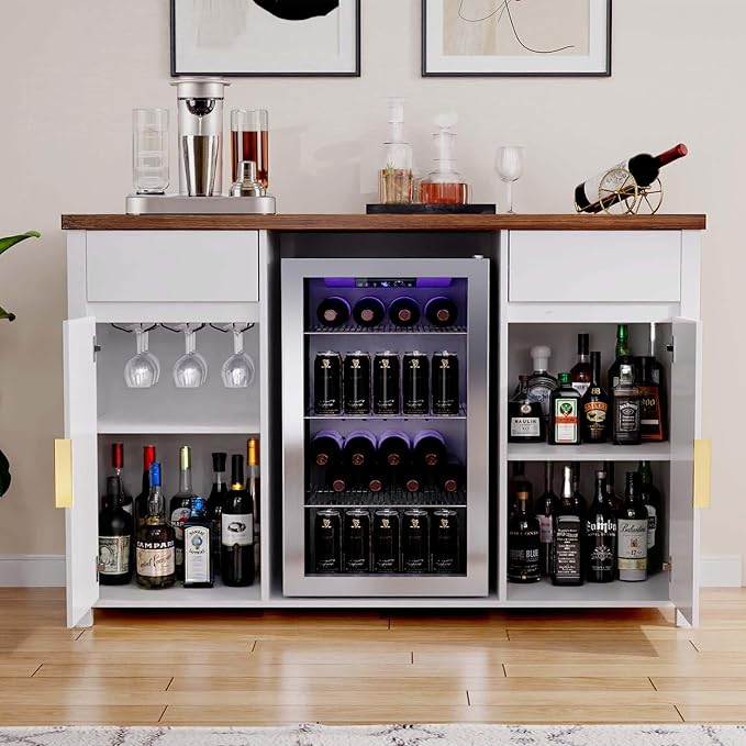 GDLF Large Coffee Bar Cabinet with Fridge Space, Mini Fridge Cabinet with Wine Storage, Buffet Sideboard Table for Home, Fluted Modern Design,53.2" L,White