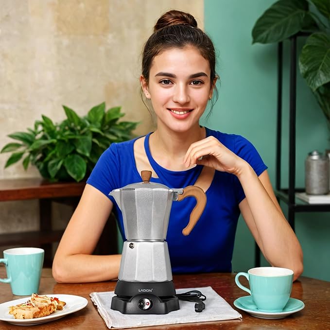 Cafeteras Electricas Modernas,6 Cup Portable Espresso Maker,300ml Moka Pot with Detachable Base & Overheat Protection, Great for Home,Office, or Travel, a Thoughtful Gift for Coffee Lovers