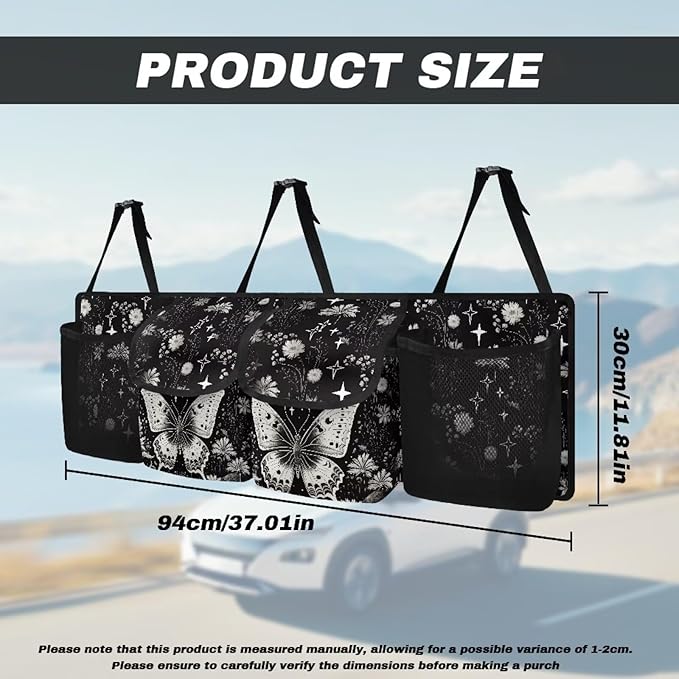 Dreaweet Goth Butterfly Car Trunk Organizer Hanging Back Seat Storage Bag with 4 Pockets,Waterproof Adjustable Large Capacity Collapsible Trunk Organizer for SUV Trucks Sedan