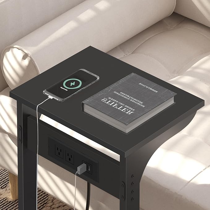 TUTOTAK C Shaped End Table with Charging Station, Side Table, Couch Table for Small Spaces, Tv Tray Table with 2 USB Ports and Outlets, Living Room, Bedroom TB01BK044