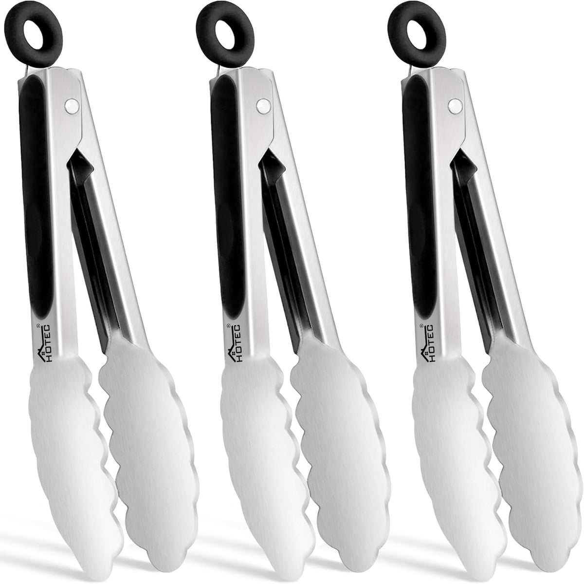 Hotec Stainless Steel Kitchen Tongs, Set of 2-9" and 12", Locking Metal Food Tongs for Cooking, Serving, BBQ, Grill Non-Slip Grip