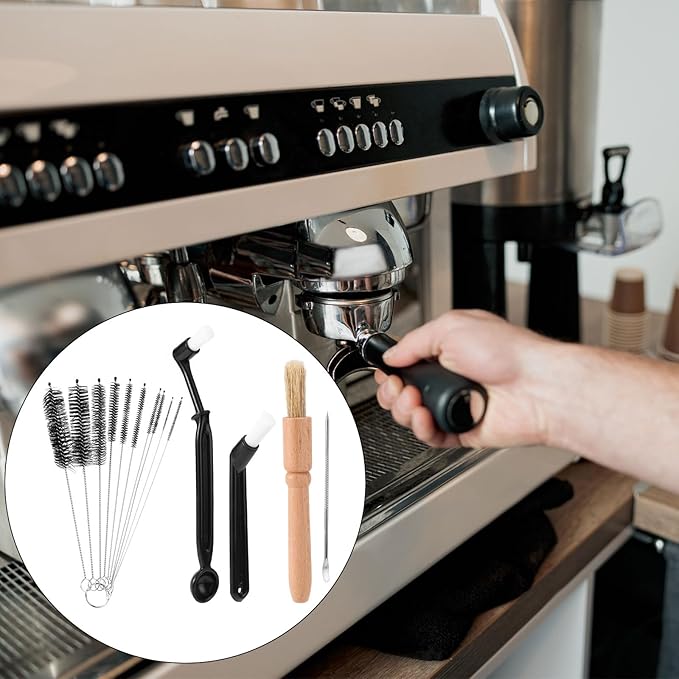 14pcs Coffee Machine Cleaning Brush Set, Wood & Plastic Espresso Grinder Maker Cleaner Kit Multifunctional Brushes for Portafilter Burrs Mugs Bottles Home & Commercial Use