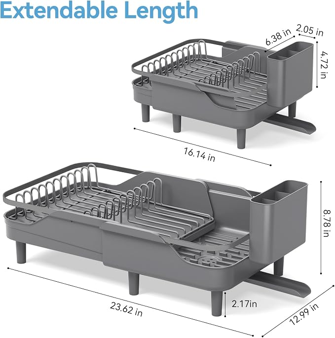 Urackify Expandable Dish Rack for Kitchen Counter,16.14"-23.62" Large Dish Drying Rack with Adjustable Water Spout, Space Saving Dish Drainer with Auto Draining Cutlery Holder, Matte Grey