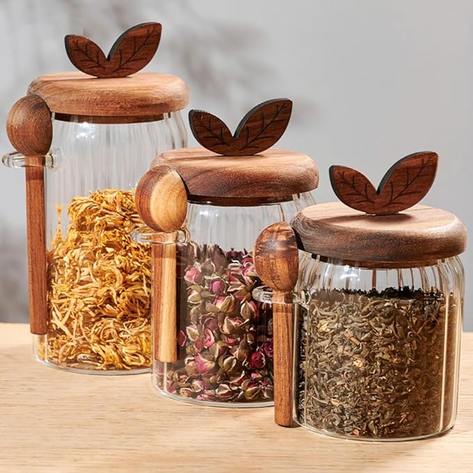 ANSQU Glass Jar with Wooden Lid and Spoon, Food Storage Containers Coffee Jar Coffee Grounds Container, 27oz Coffee Canister holds up to 8.5oz of Coffee Beans