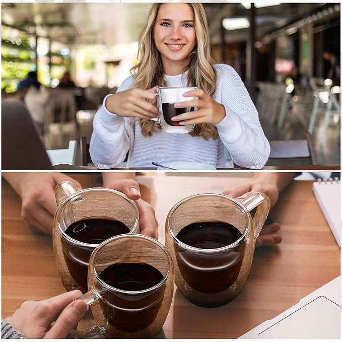 Gerrii Double Walled Glass Coffee Mugs with Handle 10 oz Insulated Borosilicate Glass Cappuccino Mugs Clear Espresso Cups for Home Office Coffee Tea Espresso Latte Milk and Hot Cold Beverages(18 Pack)