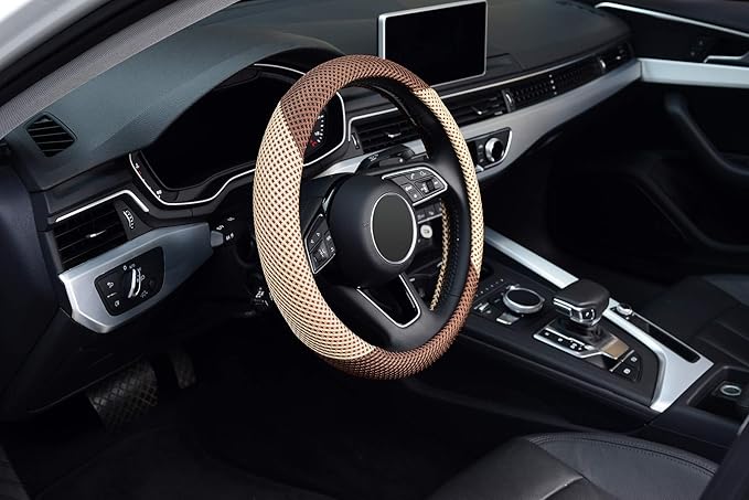 KAFEEK Steering Wheel Cover, Universal 15 inch, Microfiber Breathable Ice Silk, Anti-Slip, Odorless, Beige& Brown