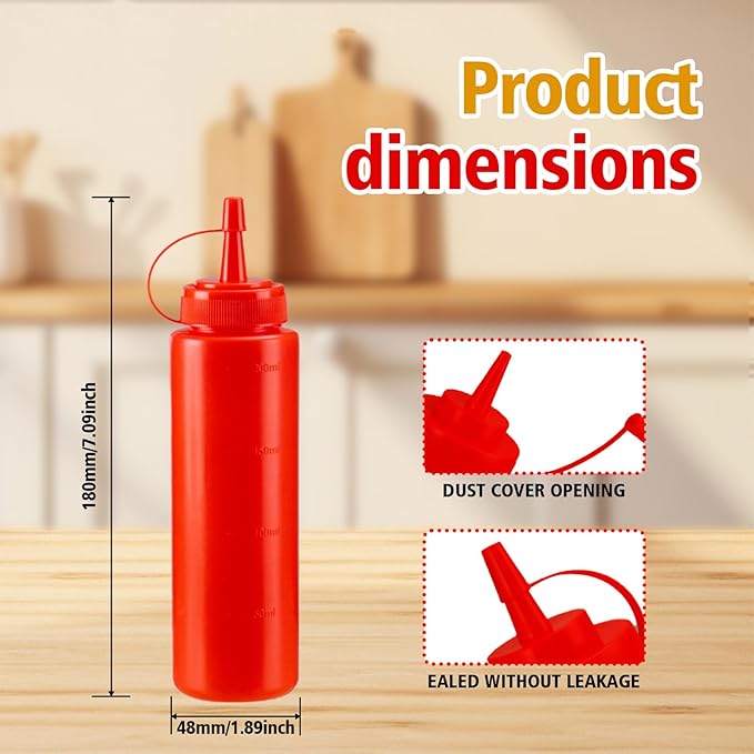 Squeeze Bottles for Sauces,Leak-Proof Condiment Dispenser, BPA-Free Kitchen Restaurant Squeeze Bottle Set with Wide Mouth for Ketchup, Mustard,Syrup,Dressings (Red, 4Pack-8oz(200ml))