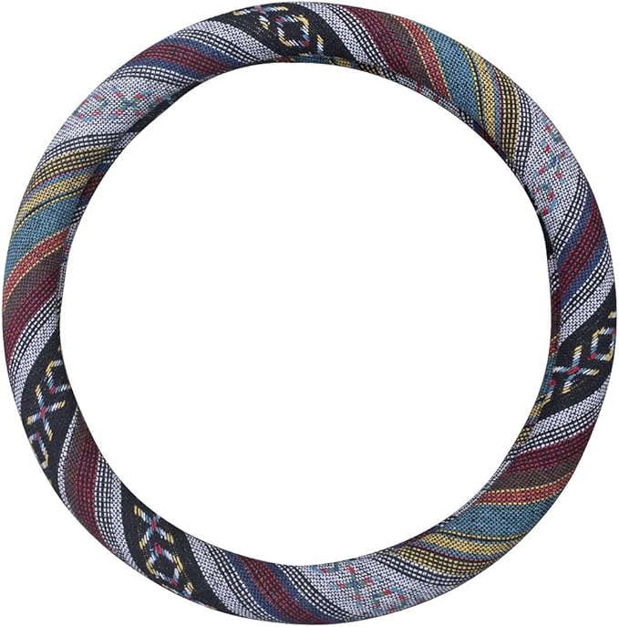 Small Ethnic Style Coarse Flax Cloth Automotive Steering Wheel Cover Anti Slip and Sweat Absorption Auto Car Wrap Cover (14''-14.25, E)