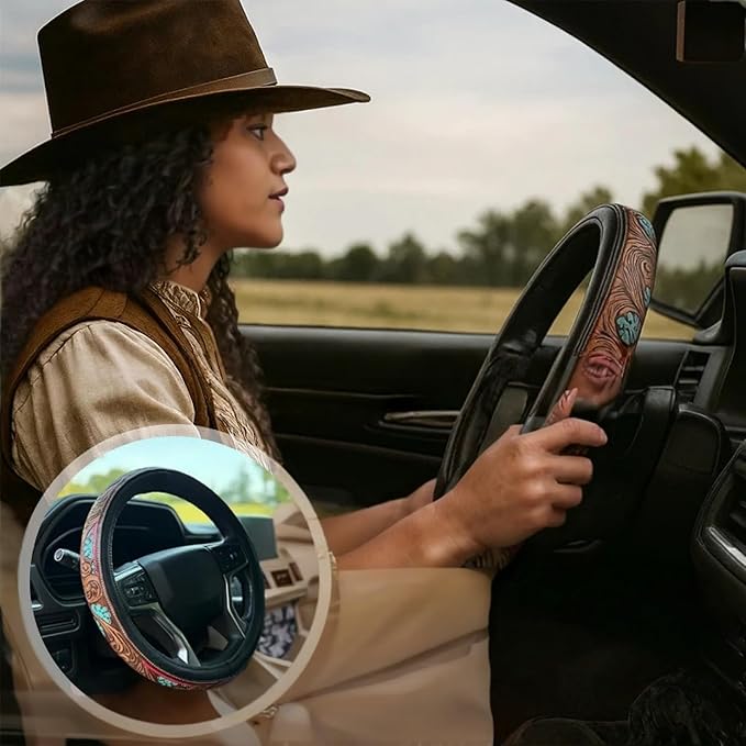Western Steering Wheel Cover,Retro Western Cowboy Car Universal Steering Wheel Cover,Embossed Hand-Painted Leather Western Car Accessories, for Women Man, Anti-Slip Design Easy to Install (D)