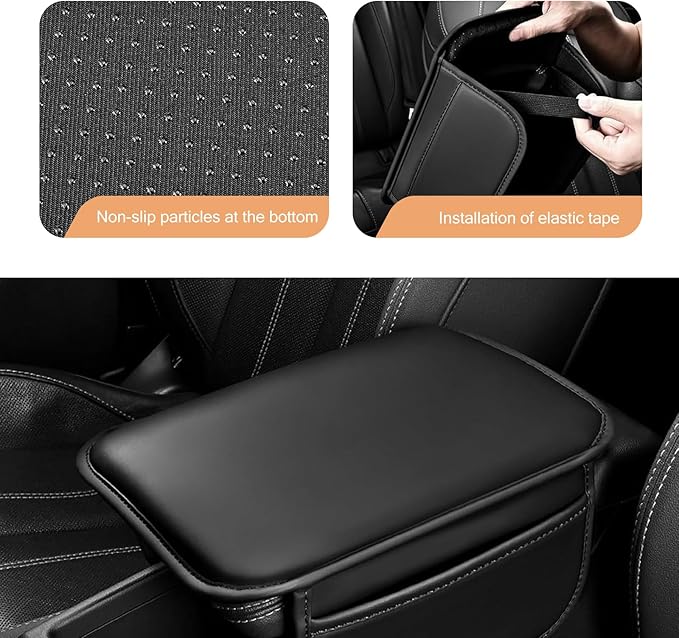 Car Center Console Cover, Car Leather Armrest Pad with 2 Storage Pockets, Center Console Anti-Scratch Booster Cushion, Universal Console Protector for Most Cars, SUVs and Trucks (Black)