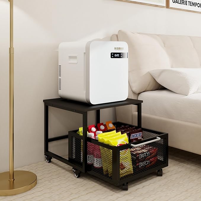 PUNCIA 19.7x19.7in Fridge Stand with Storage Mobile Beverage Refrigerator Stand for Coffee Bar Dorm Fridge Cart for Compact Refrigerator Mini Fridge Organizer with Drawer Basket for Home Office