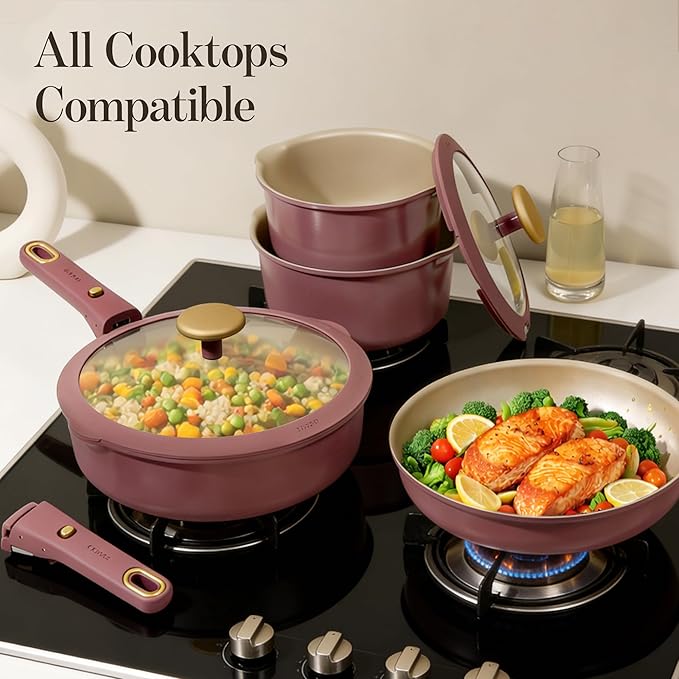 CAROTE Pots and Pans Set, Nonstick Cookware Sets with Detachable Handle, Oven Safe, Cookware Non Stick Cooking Set w/Frying Pans & Saucepans Red(PFOS, PFOA Free)