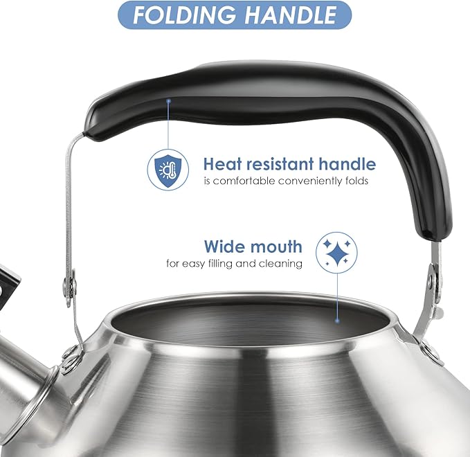 4.2 Quart/4L Large Whistling Tea Kettle, 304 Stainless Steel Brushed Satin, Fast Boil for Induction & Gas Stoves