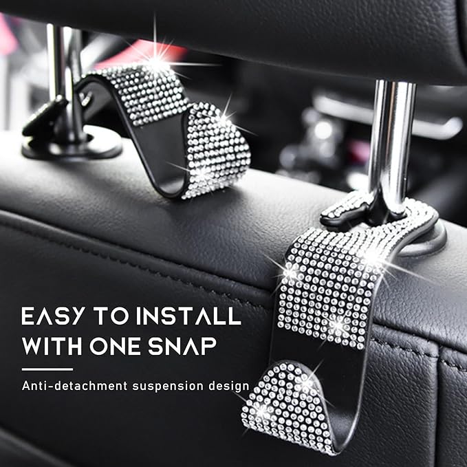 4PCS Bling Car Seat Headrest Hooks, Auto Back Seat Hanging Storage Organizer for Purse Handbag Coat, Rhinestone Vehicle Seat Hanger Holder for Women Girls, Car Accessories (Black)