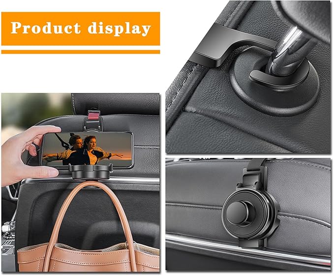 Car Headrest Hook - 2 in 1 Multifunction Phone Holder & Cup Holder, Back Seat Organizer with Sturdy Anti-Slip Design for Phones, Bags, Cups - Universal for Most Vehicles (Black-1PC)