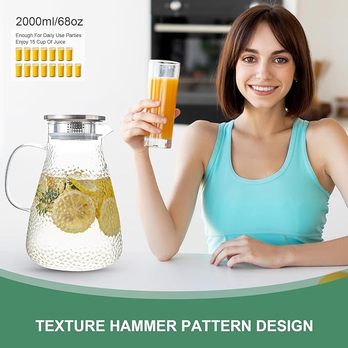 2.0 Liter 68 oz Glass Pitcher with Lid and Spout, Glass Carafe for Hot/Cold Water, Large Iced Tea Pitcher for Coffee, Milk,Juice and Homemade Beverage,Iced Coffee, and Container for Drinks