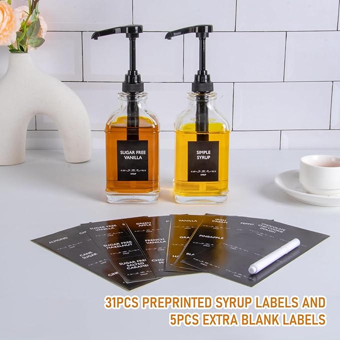 Alotpower 2-Pack 16oz Glass Coffee Syrup Dispenser Bottles, Empty Square Dispenser for Coffee Bar with 1/4oz Pump - Kit Includes 36 Labels & Marker