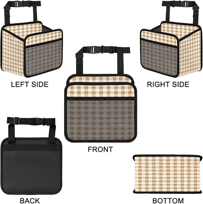 Gingham Light Brown Car Backseat Organizer PU Leather Truck Back Seat Trash Bag Universal Hanging Storage Box Travel Accessories Foldable