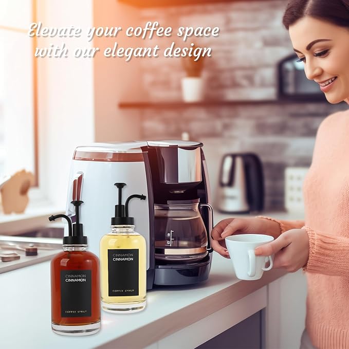 Joyfulmap 2 Coffee Syrup Dispenser with 18 Labels, Black Pump Dispenser with bottles for Coffee Bar, Minimalist Glass Coffee Bottle, Simple Maple/Coffee Syrup Bottles w. Black Labels,16.9 oz 500 ml
