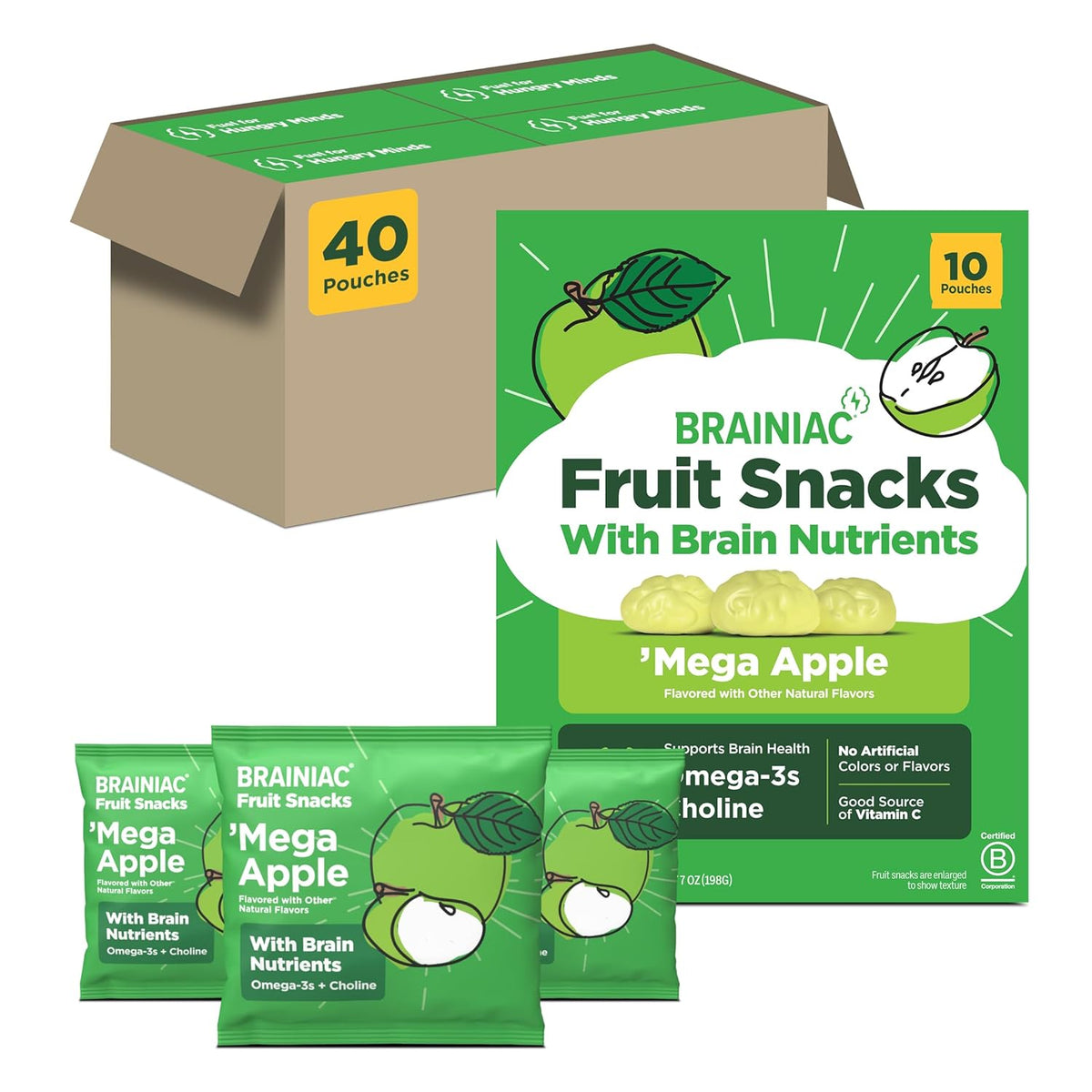 Brainiac Fruit Snacks, Brain Boosting Patented BrainPack Ingredients with Omega-3s DHA/EPA and Choline, Functional & Nutritious Snacks for toddlers and kids, Mixed Fruit, 40 count