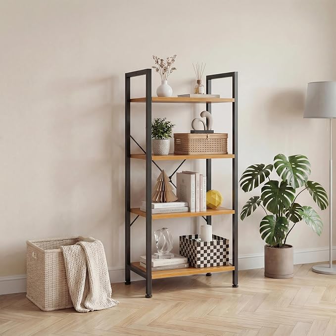 DUMOS 4 Tiers Open Bookshelf, Classic Freestanding Tall Display Shelf, Multifunctional Storage Organizer Rack for Living Room Home Office, Sturdy Bookcase for Books/Movies, Wood