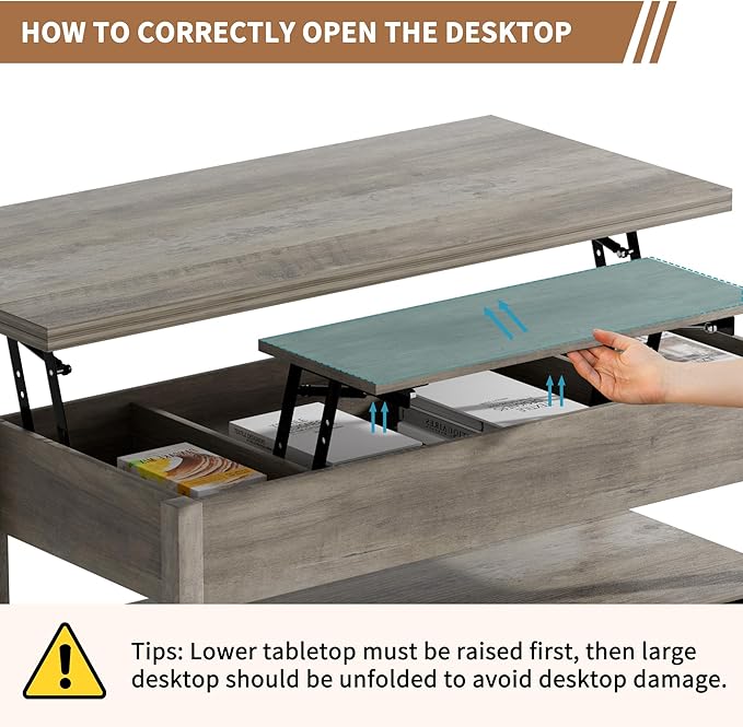 42'' Lift Top Coffee Table with LED, 4-in-1 Multifunctional Coffee Table with Drawers and Hidden Compartments, Converts to Dining Table for Living Room, Reception Room, Grey