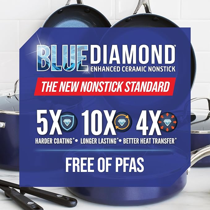 Blue Diamond 10 Piece Nonstick Cookware Set, Diamond Ceramic Pots & Pans, Dishwasher & Metal Utensil Safe, Non Toxic PFAS-Free, Kitchen Cooking Sauce & Saute Pans, Oven & Broiler to 600F, Blue